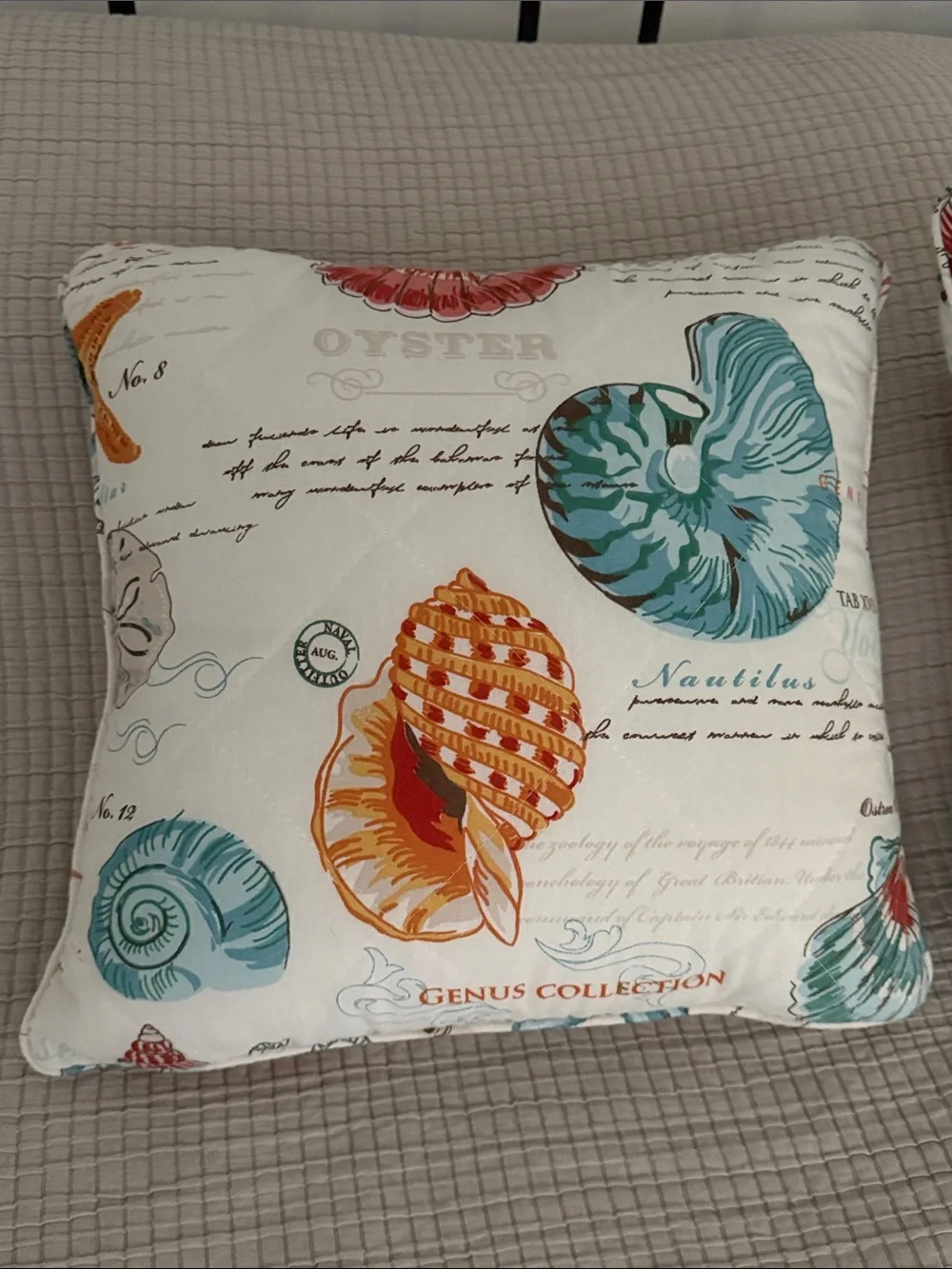 Coastal Shell Print Decorative Throw Pillows (2) Cream with Teal & Coral Accents